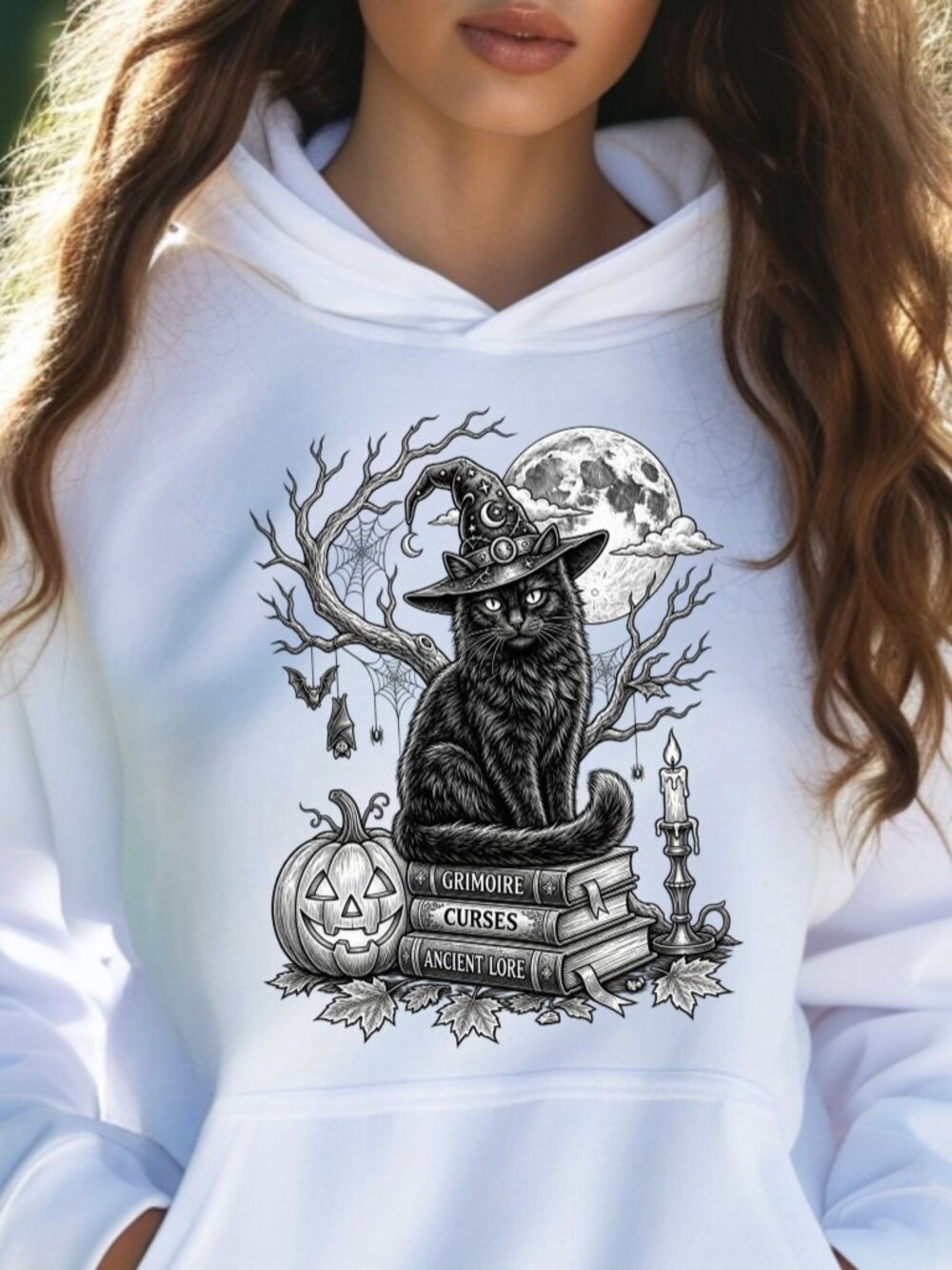 Black Cat Halloween HOODIE Graphic Sweatshirt Cozy Magic Witch Books Pumpkin